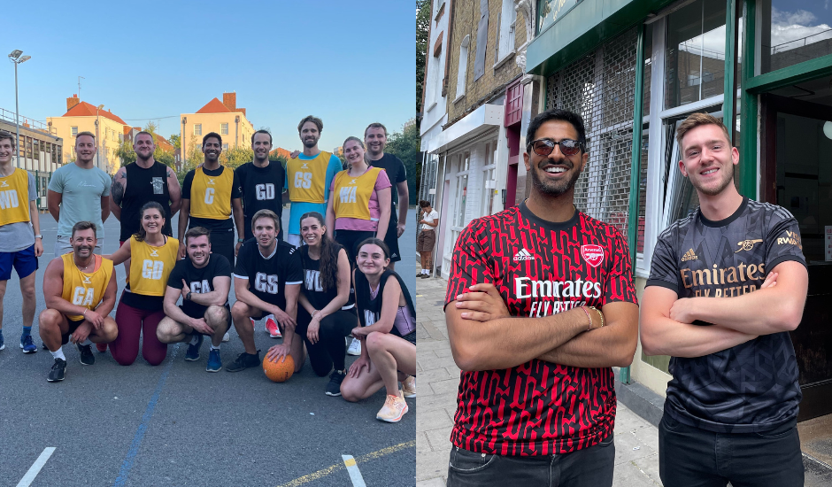 Collage of a netball team and two men wearing Arsenal football shirts